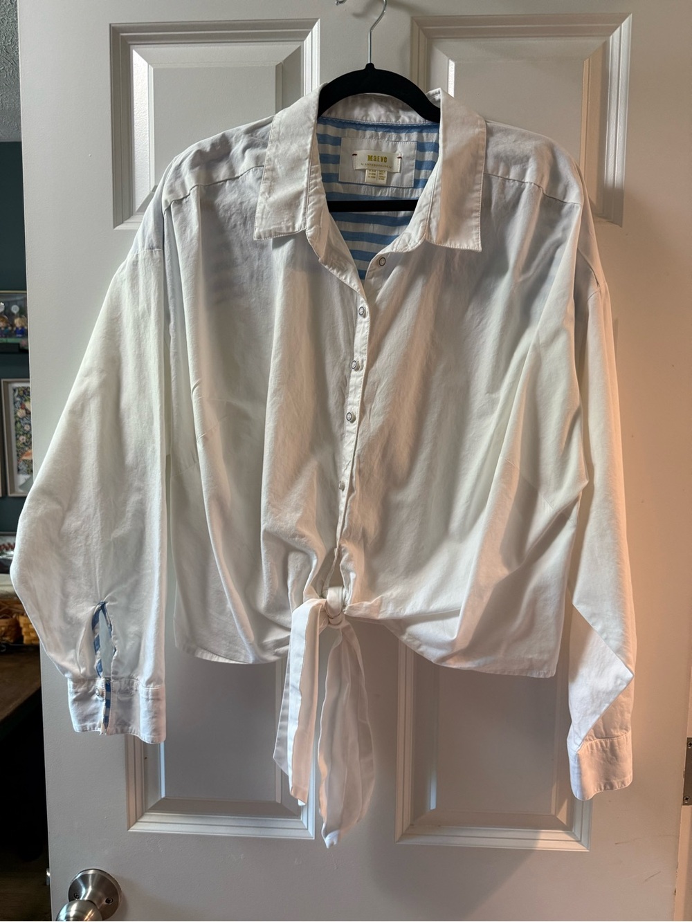 Anthropologie Maeve White Shirt with Light Blue Stripe Trim